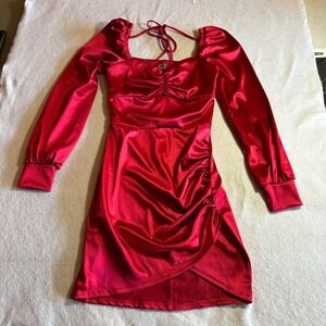 THOBIAS Red Satin Ruched Bodycon Mini Dress Long Sleeve Square Neck Tie Back S